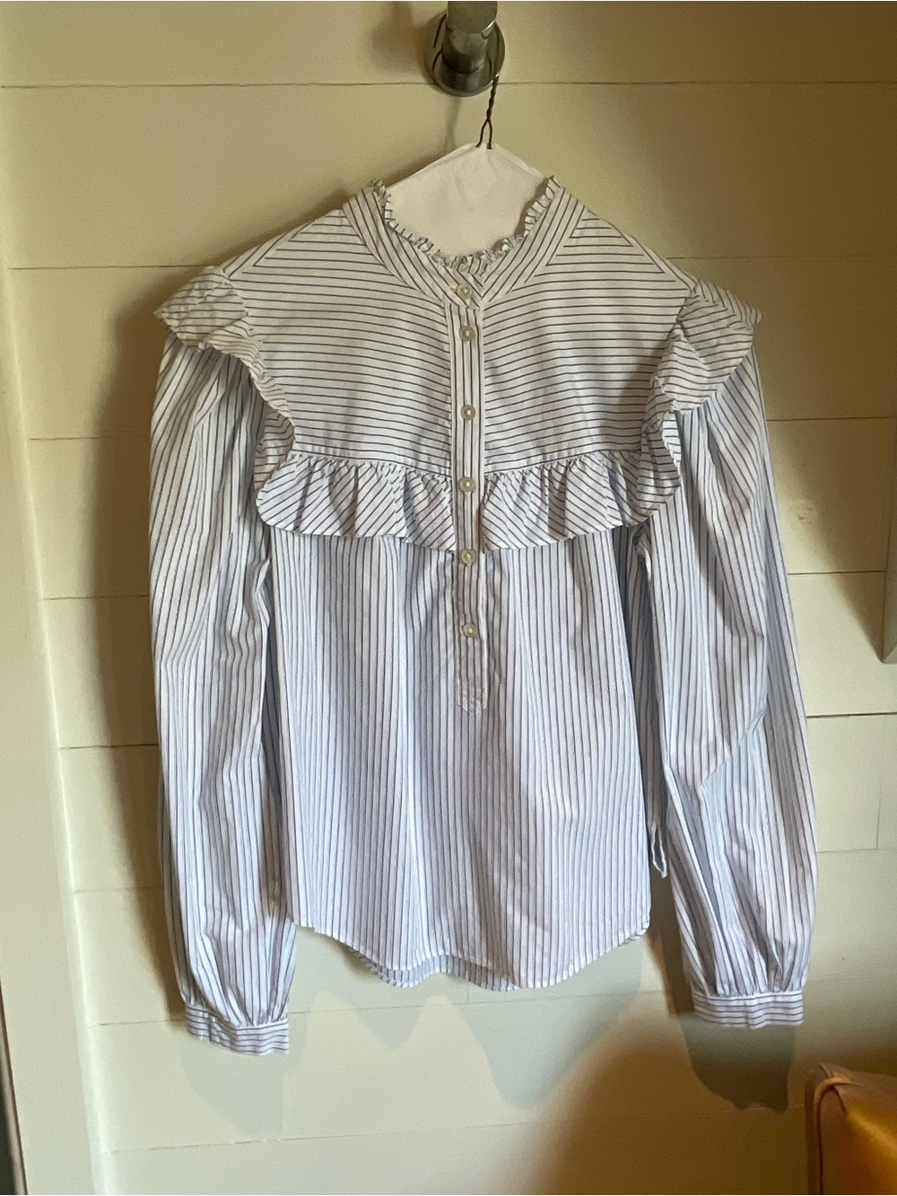 Veronica Beard White and Blue Striped Ruffle Yoke Blouse
